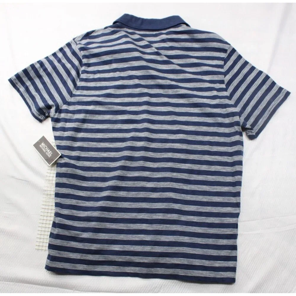 NWT Michael Kors Mens Striped Polo Shirt Large Midnight Blue‎ Cotton